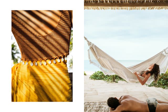 <p>Marta Tucci</p> From left: Brazilian beachwear at Uxua beach club; siesta time on the beach in Trancoso.