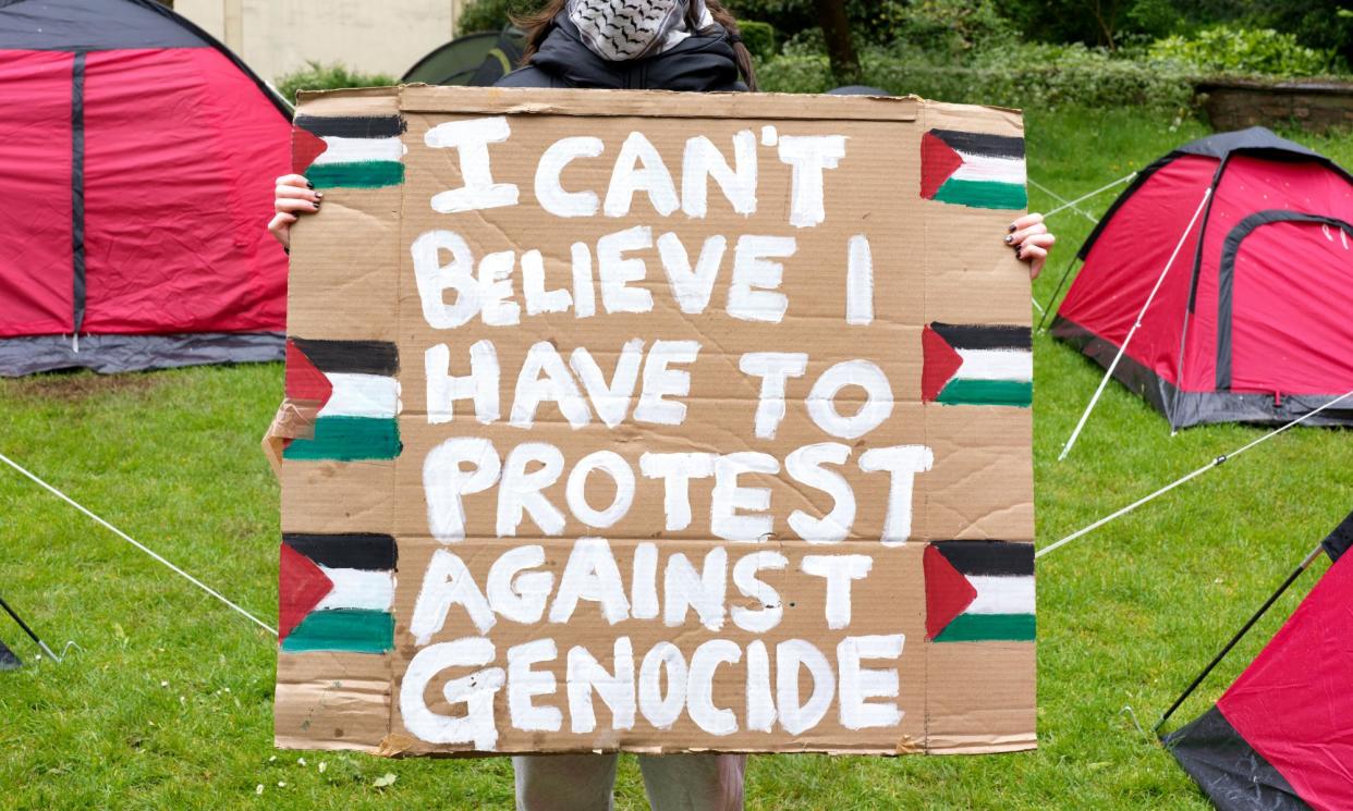 <span>A student at the Palestine solidarity camp at Bristol University last Friday.</span><span>Photograph: Karen Robinson/The Observer</span>