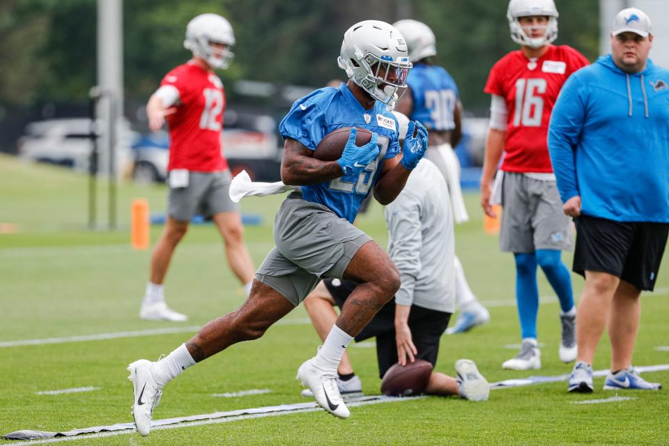 Lions running back Greg Bell practices during the first day of training camp July 27, 2022 in Allen Park.