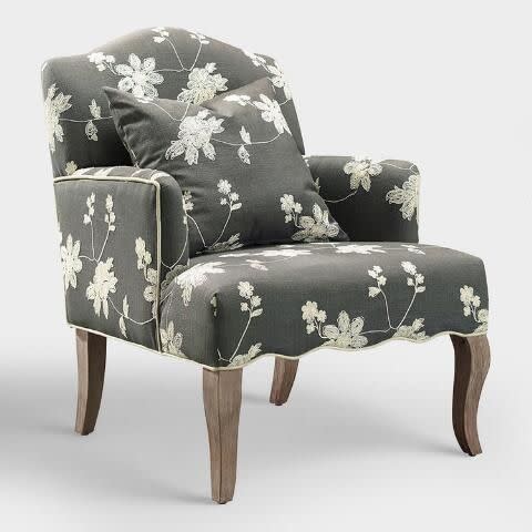 Gray Floral Embroidered Armchair