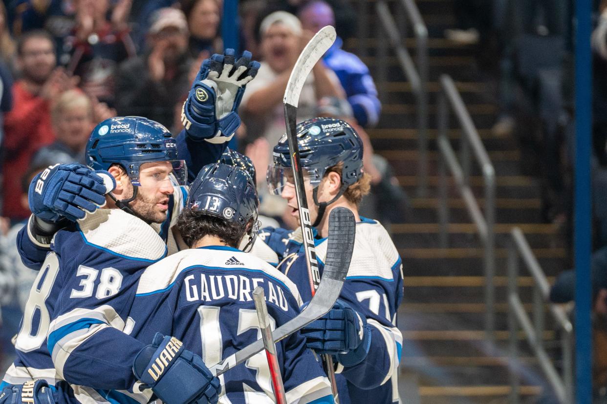 Oct 14, 2023; Columbus, Ohio, United States;
Columbus Blue Jackets center Boone Jenner (38) celebrates his goal with his teammates during their game against the New York Rangers on Saturday, Oct. 14, 2023 at Nationwide Arena.