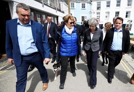 Britain's Prime Minister Theresa May walks during a campaign stop in Mevagissey, Cornwall, May 2, 2017. REUTERS/Dylan Martinez