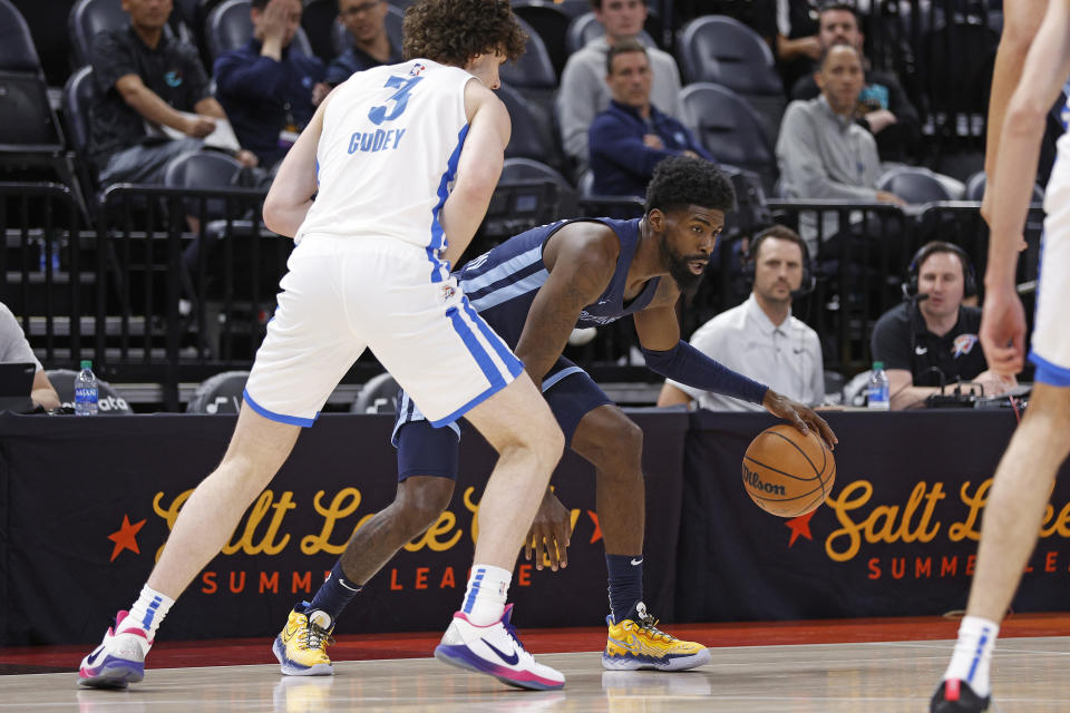 Memphis Grizzlies guard Shaq Buchanan is defended by Oklahoma City Thunder guard Josh Giddey (3) during the first half of an NBA summer league basketball game Wednesday, July 6, 2022, in Salt Lake City. (AP Photo/Jeff Swinger)