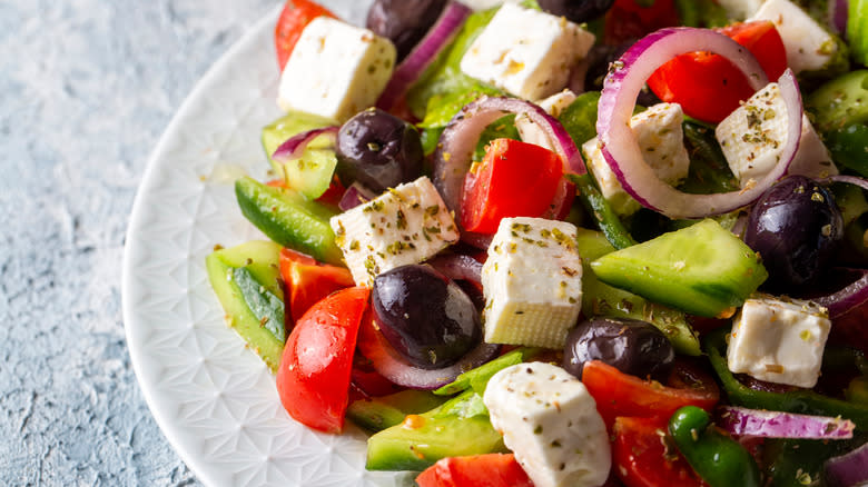 Feta cubes in salad