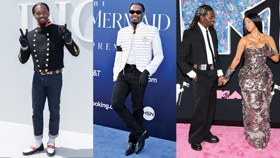 1 The music star at the Dior menswear show in June in Paris in a custom look by Tremaine Emory. 2 At the Little Mermaid premiere in May. 3 He wore hair clips to complement wife Cardi B’s custom hair clip-covered gown by Dilara Findikoglu at the 2023 VMA Awards.