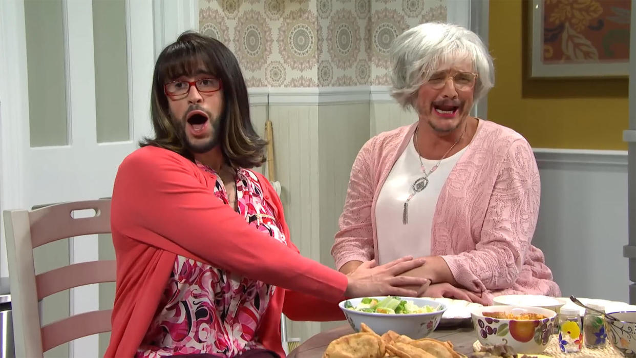 Bad Bunny and Pedro Pascal as Marcello Hernández's aunt and mom. (Saturday Night Live)