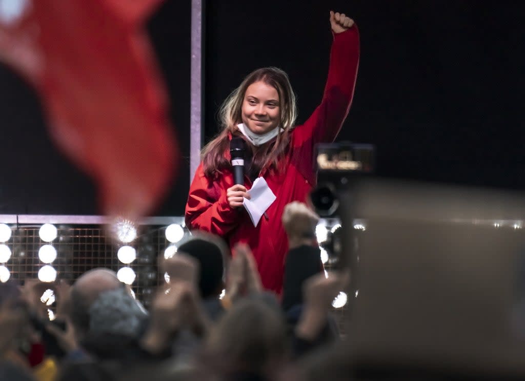 Climate activist Greta Thunberg speaks on the main stage in George Square as part of the Fridays for Future Scotland march during the Cop26 summit in Glasgow (Danny Lawson/PA) (PA Wire)