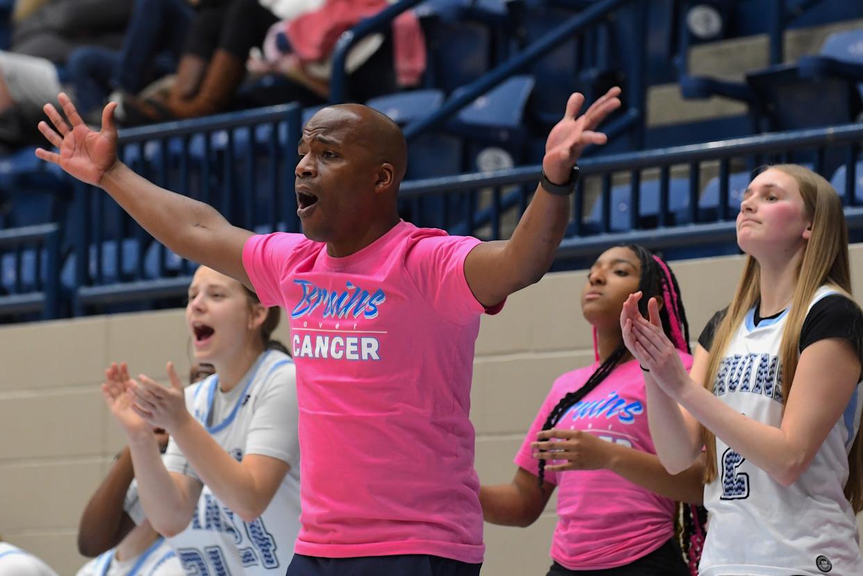 Bartlesville High School Lady Bruin's head coach Justyn Shaw reacts during the Lady Bruins double overtime win over Tulsa Memorial in the first round of the annual Conoco/Phillips Arvest Invitational Tournament in Bartlesville on Dec. 4, 2024.