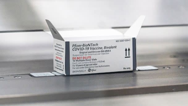 PHOTO: This August 2022 photo provided by Pfizer shows packaging for the company's updated COVID-19 vaccine during production in Kalamazoo, Mich.  (Pfizer via AP)
