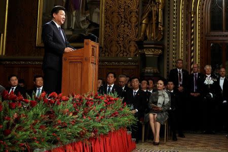 China's President, Xi Jinping addresses MPs and peers in Parliament's Royal Gallery, in London, Britain, October 20, 2015. Xi is on a state visit to Britain. REUTERS/Dan Kitwood/Pool