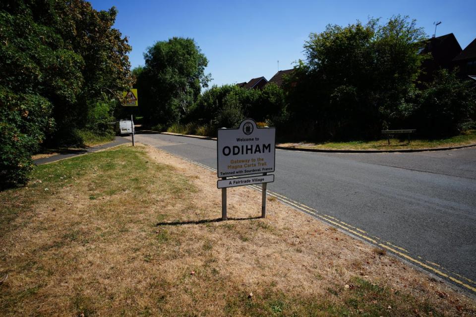 Parched grass surround the welcome sign for Odiham in Hampshire (Ben Birchall/PA) (PA Wire)