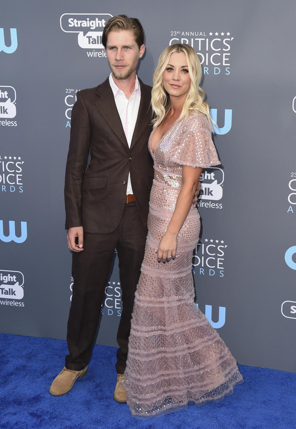 Karl Cook, left, and Kaley Cuoco arrive at the 23rd annual Critics’ Choice Awards at the Barker Hangar on Thursday, Jan. 11, 2018, in Santa Monica, Calif. (Photo by Jordan Strauss/Invision/AP)