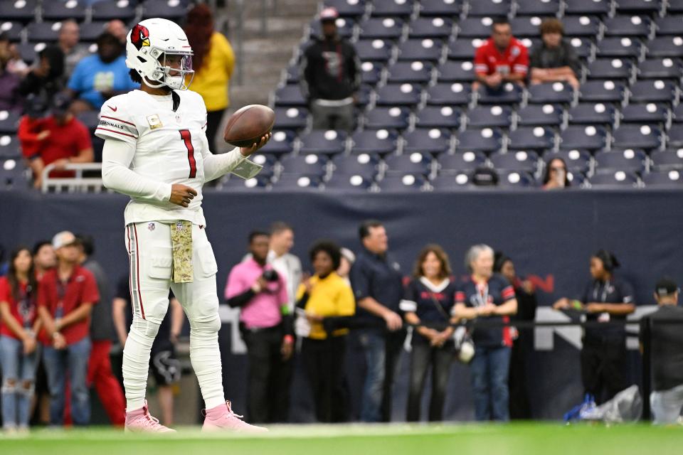 Kyler Murray #1 of the Arizona Cardinals warms up prior to a game against the Houston Texans at NRG Stadium on Nov. 19, 2023, in Houston, Texas.
