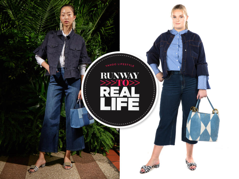 Kate Spade SS18 runway look, left, versus Yahoo Lifestyle’s Real Life look. (Photo: ImaxTree, Priscilla De Castro; art: Quinn Lemmers)