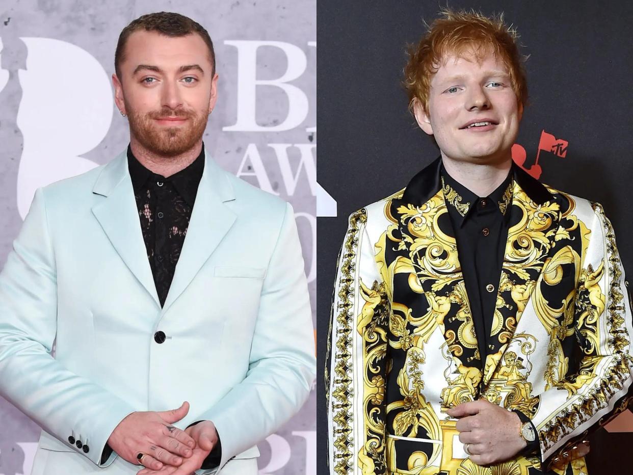 left: sam smith wearing a light blue suit and black shirt, their hands folded in front of them; right: ed sheeran in a loudly patterned black, white, and yellow suit, one hand at his stomach