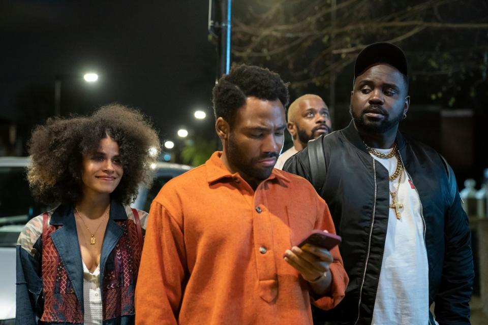 Zazie Beetz as Van, Donald Glover as Earn Marks, LaKeith Stanfield as Darius, Brian Tyree Henry as Alfred "Paper Boi" Miles in "Atlanta."