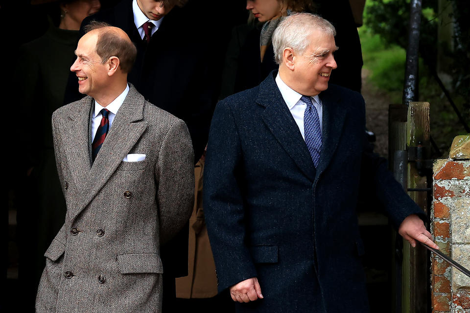 SANDRINGHAM, NORFOLK - DECEMBER 25: Prince Andrew, Duke of York and Prince Edward, Duke of Edinburgh leave the Christmas Morning Service at Sandringham Church on December 25, 2023 in Sandringham, Norfolk. (Photo by Stephen Pond/Getty Images)