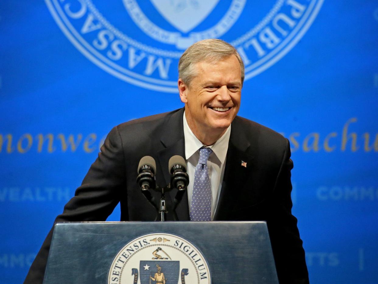 Mass. Gov. Charlie Baker speaks at his State of the State address at the Hynes Auditorium on January 25, 2022 in Boston, Massachusetts.