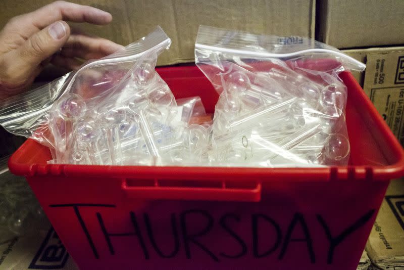 Pipes for methamphetamine use are pictured at the People's Harm Reduction Alliance, the nation's largest needle-exchange program, in Seattle, Washington