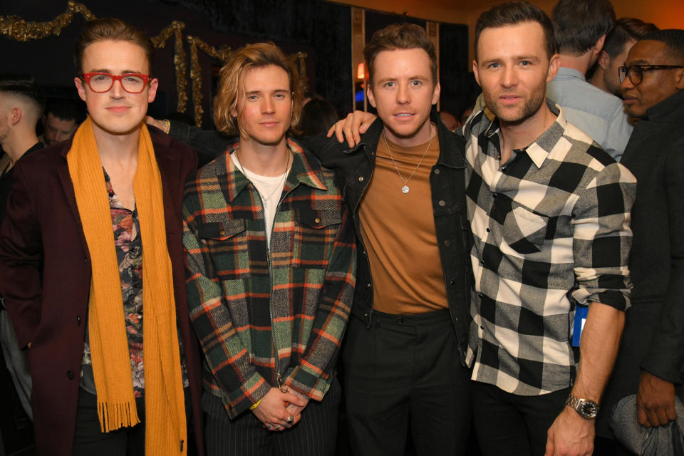 LONDON, ENGLAND - FEBRUARY 12:  (L-R) Tom Fletcher, Dougie Poynter, Danny Jones and Harry Judd of McFly attend the press night after party for 