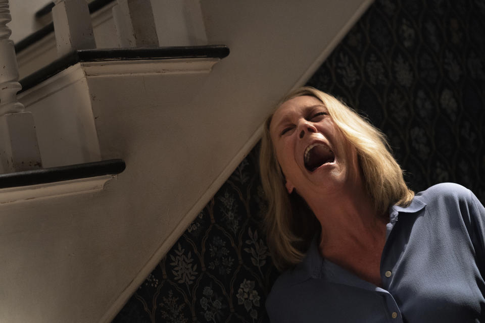 This image released by Universal Pictures shows Jamie Lee Curtis in a scene from "Halloween Ends." (Ryan Green/Universal Pictures via AP)