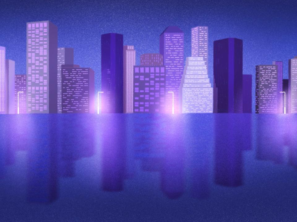 City landscape with purple streetlights.