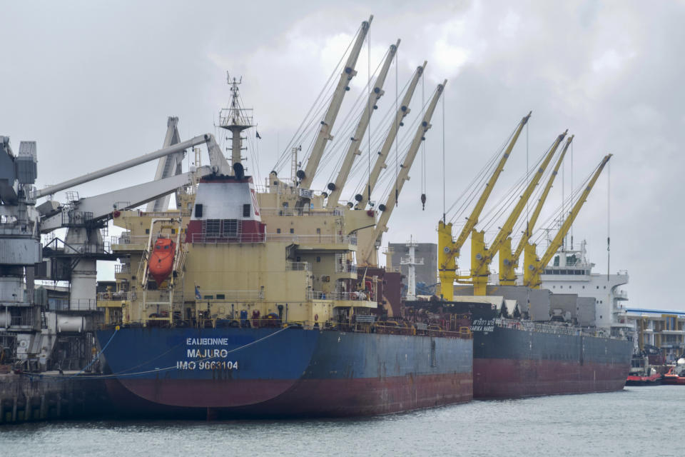 FILE - The Eaubonne bulk carrier ship docks in the port of Mombasa, Kenya Saturday, Nov. 26, 2022. The amount of grain leaving Ukraine has dropped even as a U.N.-brokered deal works to keep food flowing to developing nations, with inspections of ships falling to half what they were four months ago and a backlog of vessels growing as Russia's invasion nears the one-year mark. (AP Photo/Gideon Maundu, File)