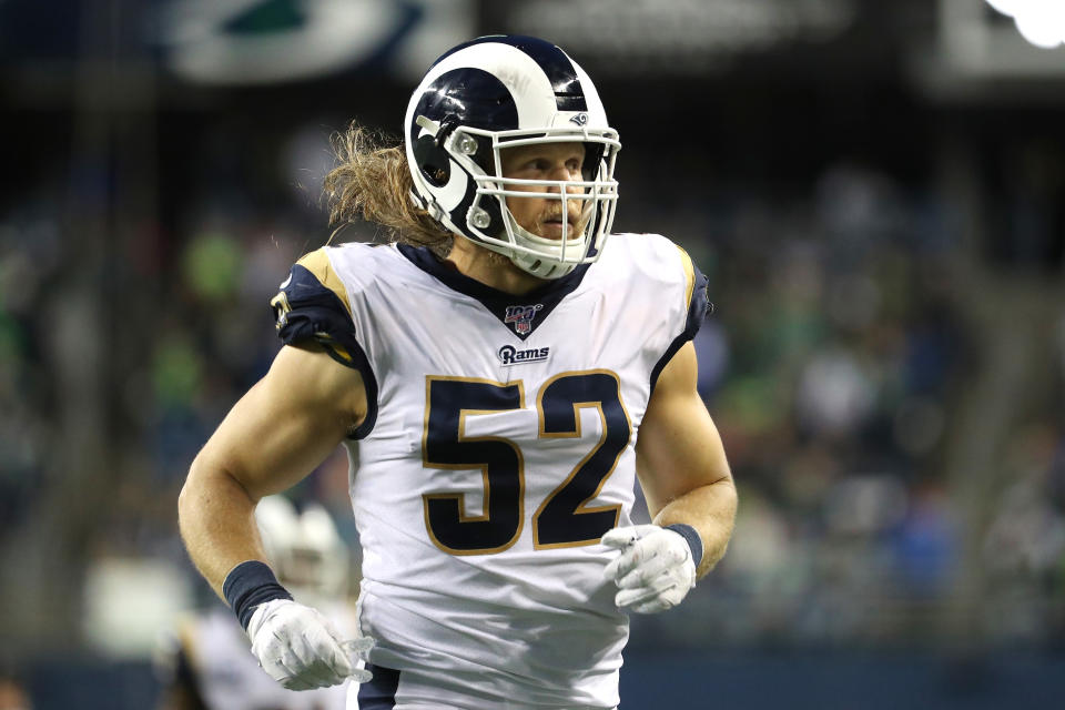 SEATTLE, WASHINGTON - OCTOBER 03: Clay Matthews #52 of the Los Angeles Rams looks on against the Seattle Seahawks in the second quarter during their game at CenturyLink Field on October 03, 2019 in Seattle, Washington. (Photo by Abbie Parr/Getty Images)