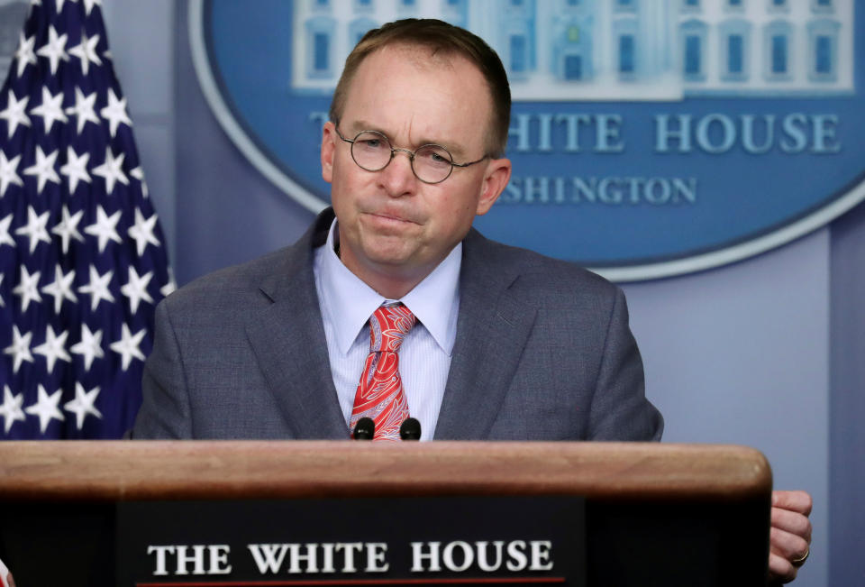 Acting White House Chief of Staff Mick Mulvaney answers questions from reporters during a news briefing at the White House in Washington, U.S., October 17, 2019. REUTERS/Leah Millis