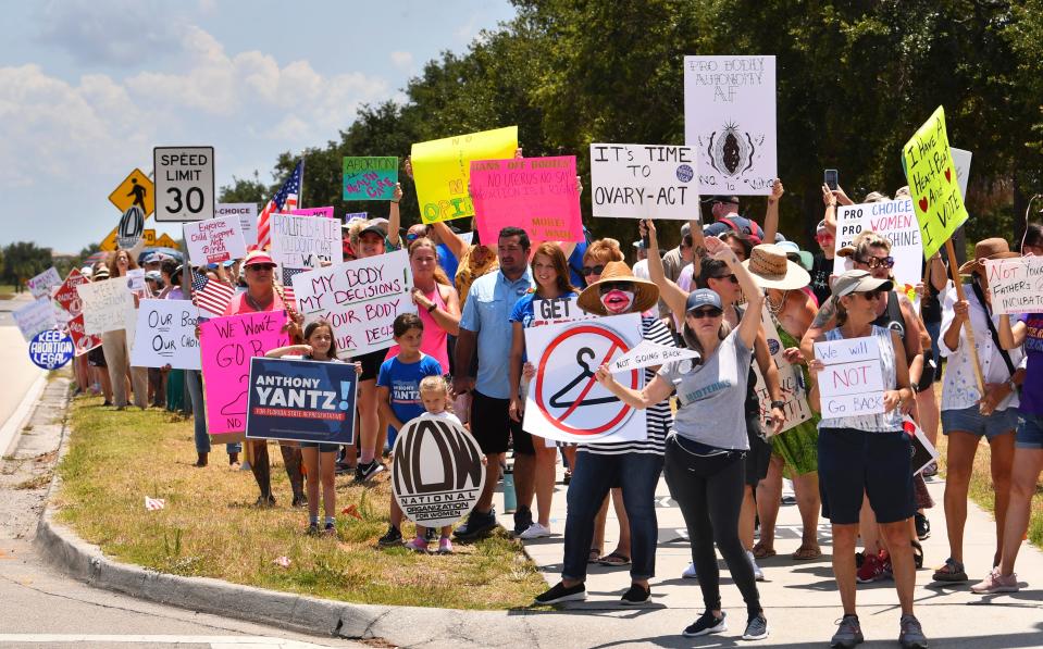 Hundreds of pro-abortion rights protesters showed up Saturday afternoon outside the Moore Justice Center in Viera for a Bans off Our Bodies protest.