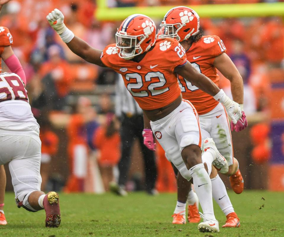 Clemson linebacker Trenton Simpson celebrates a tackle for loss against Florida State.