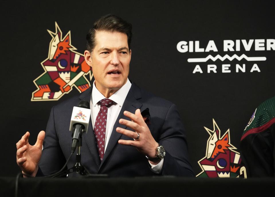 Mar 23, 2022; Glendale, AZ, USA; Arizona Coyotes GM Bill Armstrong during a press conference at Gila River Arena.