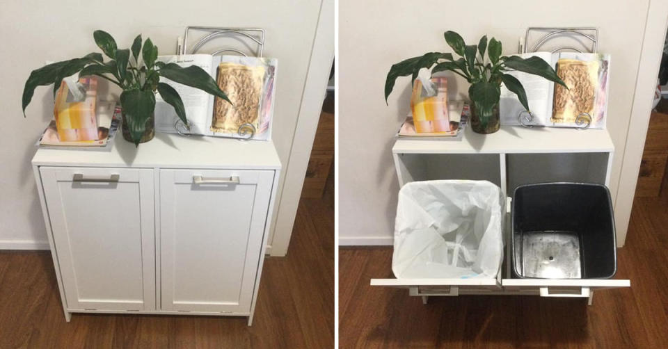 A shopper has transformed Aldi's laundry hamper into a chic rubbish bin storage solution. Photo: Facebook.