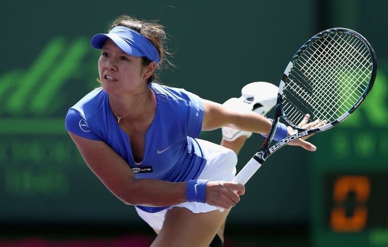 Li Na of China serves against Varvara Lepchenko during their third round match at the Sony Open at Crandon Park Tennis Center on March 23, 2013 in Key Biscayne, Florida. smacked 19 winners and fought off a late comeback bid to defeat Lepchenko 6-2, 6-4