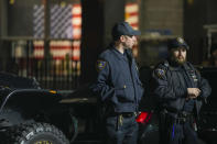 Court officers stand guard outside the Manhattan criminal courts building, Thursday, March 30, 2023, in New York. (AP Photo/Mary Altaffer)