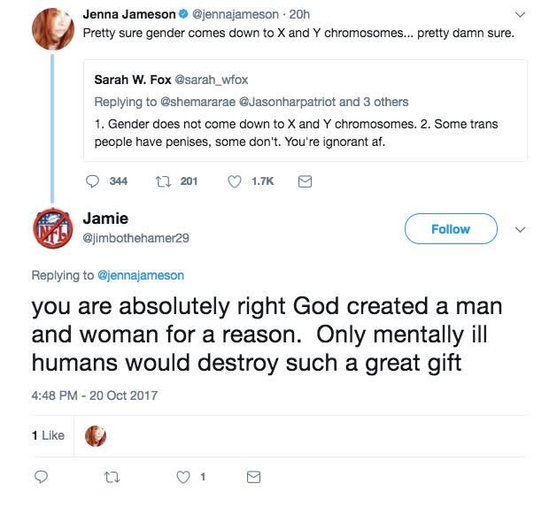 The former Playboy model liked a Tweet that suggested 'only mentally ill humans would destroy' the separate creation of men and women. (Photo: Twitter)