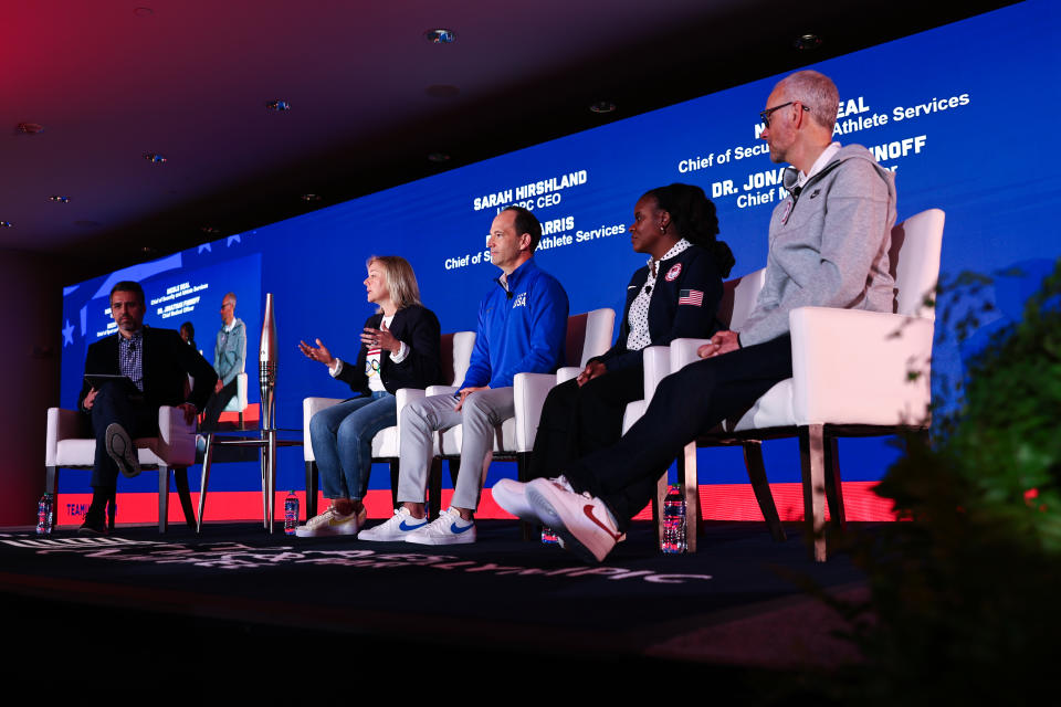 NEW YORK, NEW YORK - APRIL 15: Sarah Hirshland, CEO of United States Olympic & Paralympic Committee, speaks to the media during the USOPC Leadership Panel at the Team USA Media Summit at Marriott Marquis Hotel on April 15, 2024 in New York City. (Photo by Dustin Satloff/Getty Images for the USOPC)