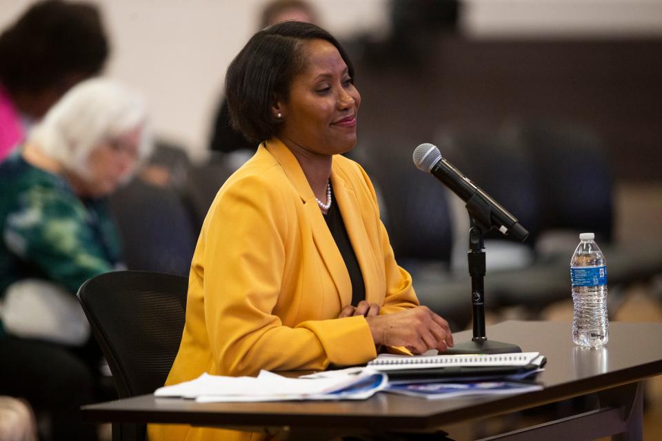 Yolonda Brown, chief academic officer for Atlanta Public Schools, listens to a question as she is interviewed by the Memphis-Shelby County Schools Board for the superintendent position in Memphis, Tenn., on Friday, February 2, 2024.