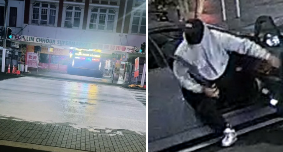 The rainbow crossing in Auckland was covered in white paint (left) with three masked vandals arriving in a car with no number plates. 