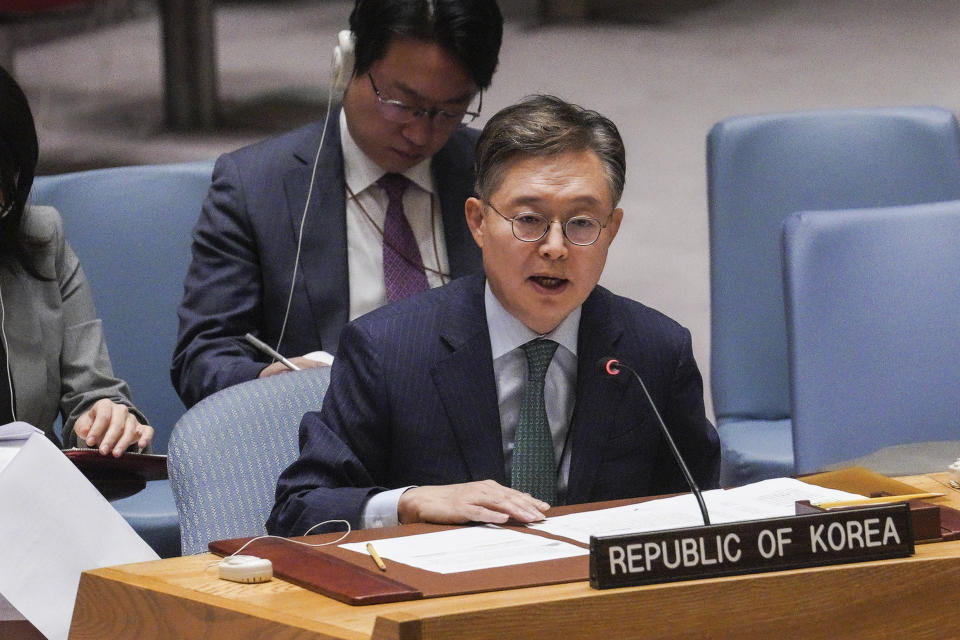 South Korea's United Nations Ambassador, Hwang Joon-kook, address the U.N. Security Council meeting to discuss North Korea's ballistic missile test, Wednesday Oct. 5, 2022 at U.N. headquarters. (AP Photo/Bebeto Matthews)