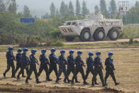 United Nations troop from Thailand take part in the Shared Destiny 2021 drill at the Queshan Peacekeeping Operation training base in Queshan County in central China's Henan province Wednesday, Sept. 15, 2021. Peacekeeping troops from China, Thailand, Mongolia and Pakistan took part in the 10 days long exercise that field reconnaissance, armed escort, response to terrorist attacks, medical evacuation and epidemic control. (AP Photo/Ng Han Guan)
