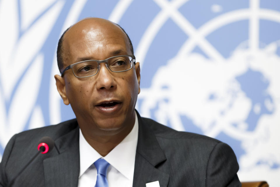 U.S. Disarmament Ambassador Robert Wood addresses the media during a press conference after leaving the Conference on Disarmament in protest against the presidency of Venezuela of the Conference on Disarmament at the European headquarters of the United Nations in Geneva, Switzerland, Tuesday, May 28, 2019. (Salvatore Di Nolfi/Keystone via AP)