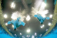 LONDON, ENGLAND - JULY 30: Oleksandr Bondar and Oleksandr Gorshkovozov of Ukraine compete in the Men's Synchronised 10m Platform Diving on Day 3 of the London 2012 Olympic Games at the Aquatics Centre on July 30, 2012 in London, England. (Photo by Adam Pretty/Getty Images)