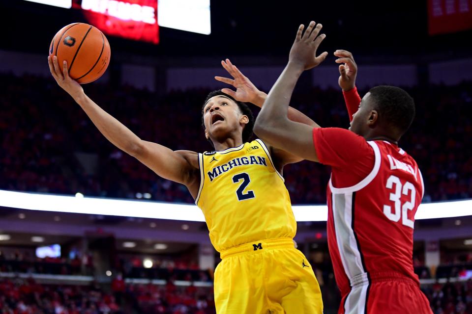 Michigan's Kobe Bufkin puts up a shot against Ohio State's E.J. Liddell during the second half at Value City Arena on March 6, 2022 in Columbus, Ohio.