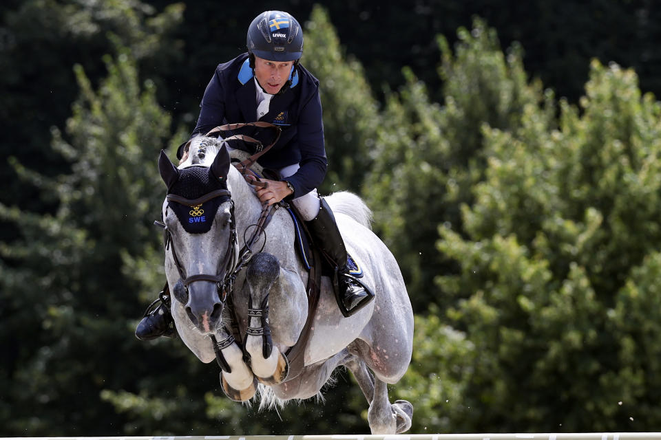 Sweden's Rolf-Goran Bengtsson with horse Zuccero HV competes in the equestrian's jumping team final during the Paris 2024 Olympic Games at the Chateau de Versailles, in Versailles, in the western outskirts of Paris, on August 2, 2024.