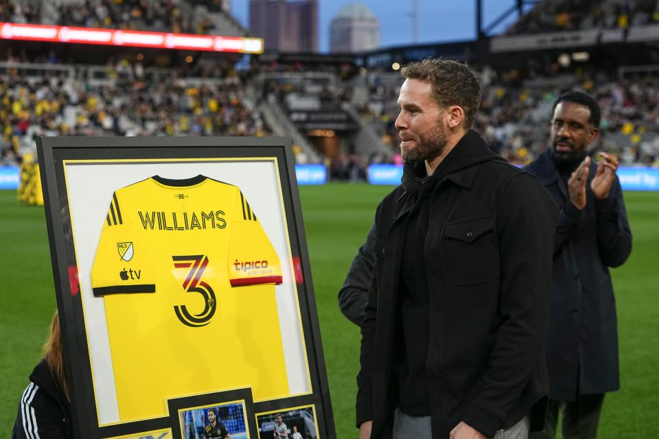 Mar 16, 2024; Columbus, Ohio, USA; Former Columbus Crew player Josh Williams is honored prior to the MLS soccer match between the Columbus Crew and New York Red Bulls at Lower.com Field. Mandatory Credit: Adam Cairns-USA TODAY Sports