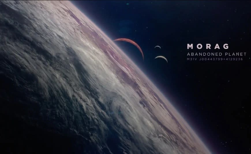 A shot of the fictional planet Morag as seen in Guardians of the Galaxy. Text says "Morag: Abandoned Planet."