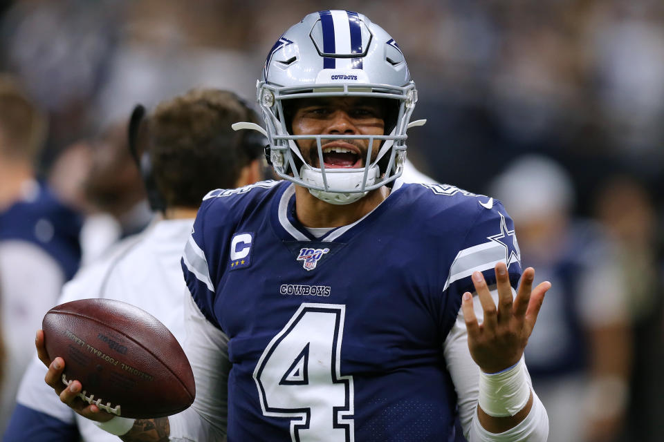 NEW ORLEANS, LOUISIANA - SEPTEMBER 29: Dak Prescott #4 of the Dallas Cowboys reacts during the first half of a game against the New Orleans Saints at the Mercedes Benz Superdome on September 29, 2019 in New Orleans, Louisiana. (Photo by Jonathan Bachman/Getty Images)