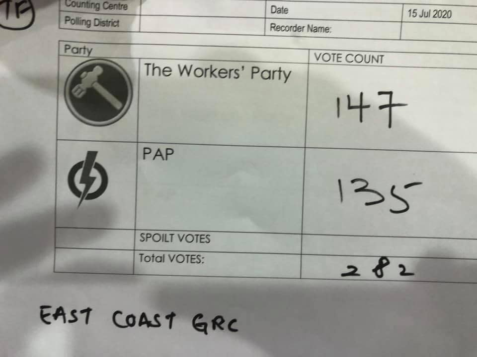 PHOTO: Workers' Party members witness the overseas ballot count for GE2020 at the Elections Department Training Centre on 15 July 2020. (PHOTO: WP's Terence Tan/Facebook)