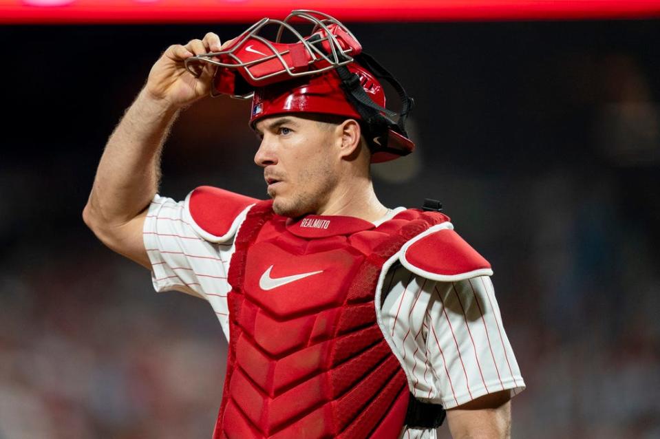 Philadelphia Phillies catcher J.T. Realmuto looks on during the Game 1 in an NL wild-card baseball playoff series against the Miami Marlins, Tuesday, Oct. 3, 2023, in Philadelphia. The Phillies won 4-1, (AP Photo/Chris Szagola)